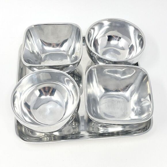 Pottery Barn Other - Pottery Barn Barona Condiment Snack Tray Bowls Square Silver Aluminum Party Set